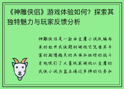 《神雕侠侣》游戏体验如何？探索其独特魅力与玩家反馈分析
